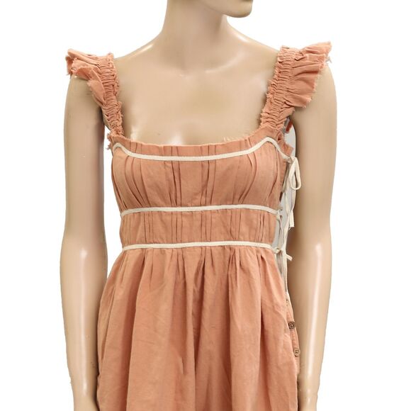 Free People Free Est Claudette Mini Dress Pleated Classic Cotton Brown XS 279512 - Picture 2 of 5